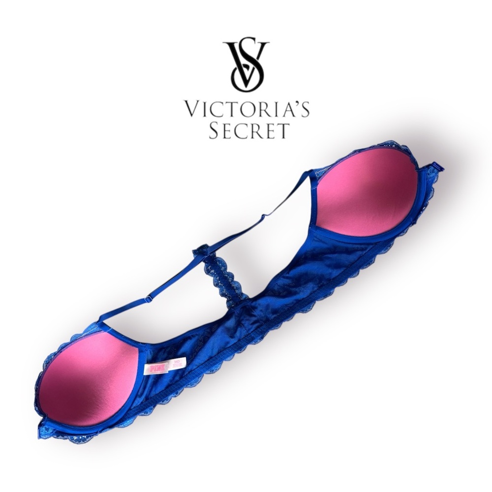 🛍️SALE🛍️PINK Victoria's Secret Royal Blue Lace Push-up Bra with Racerback Straps - Picture 4 of 9